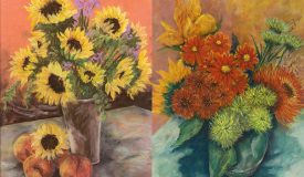 Paintings of sunflowers in a vase and peaches. Painting of orange, yellow, and green flowers, in a vase.