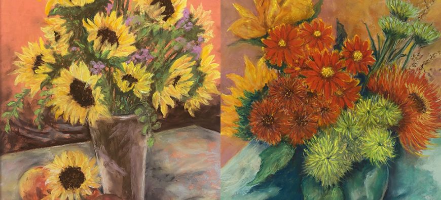 Paintings of sunflowers in a vase and peaches. Painting of orange, yellow, and green flowers, in a vase.