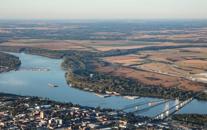 Aerial photo of metro area next to river