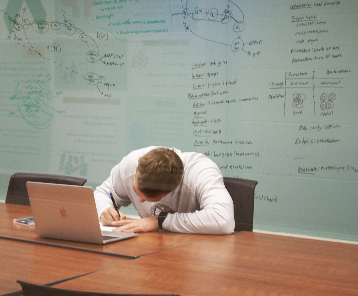 student studying with notes on the wall