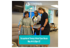 female professor assisting a student with a walker in an occupational therapy class