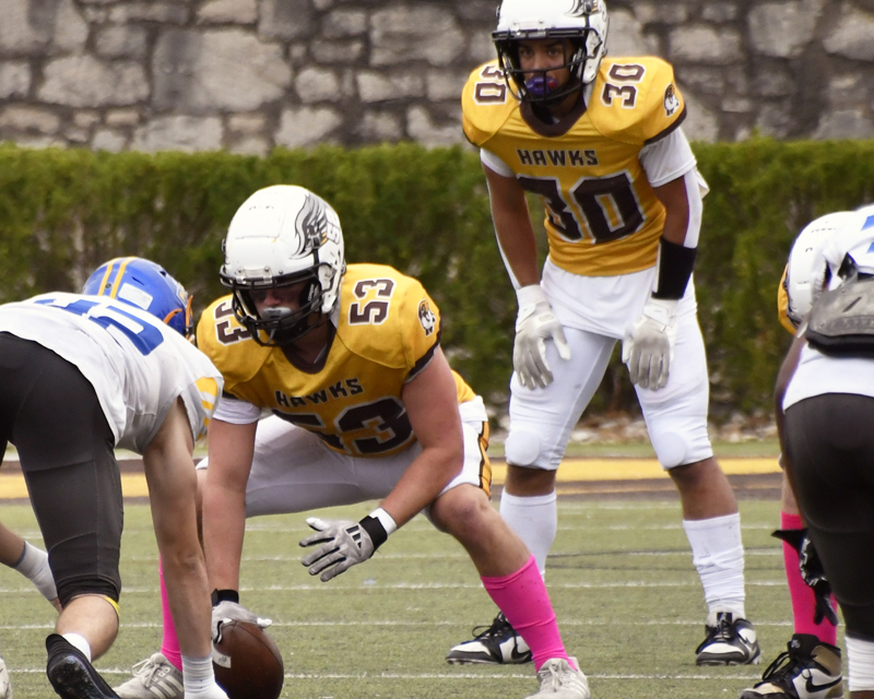 Men's sprint football team on the field just before a play