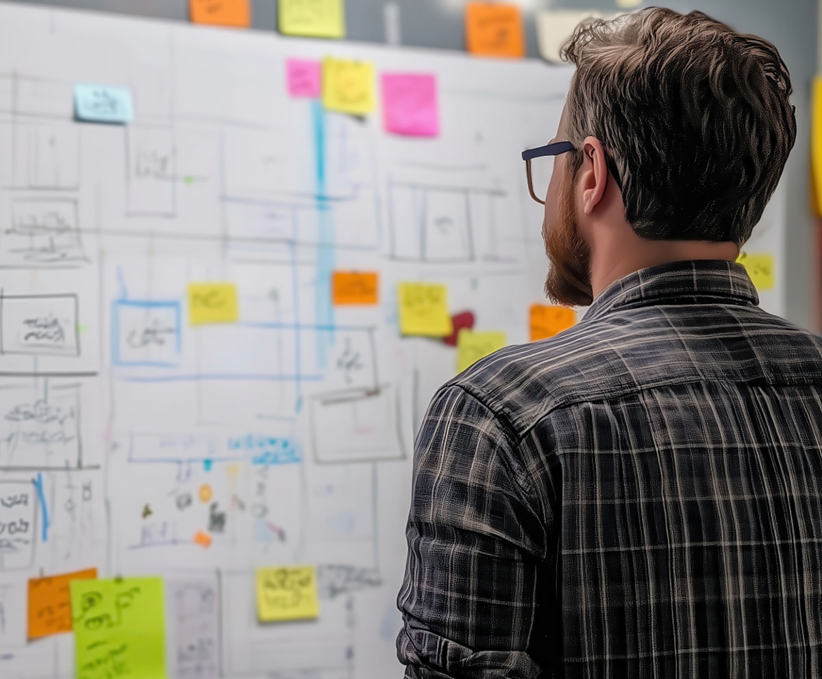 man standing infront of a whiteboard with post it notes on it