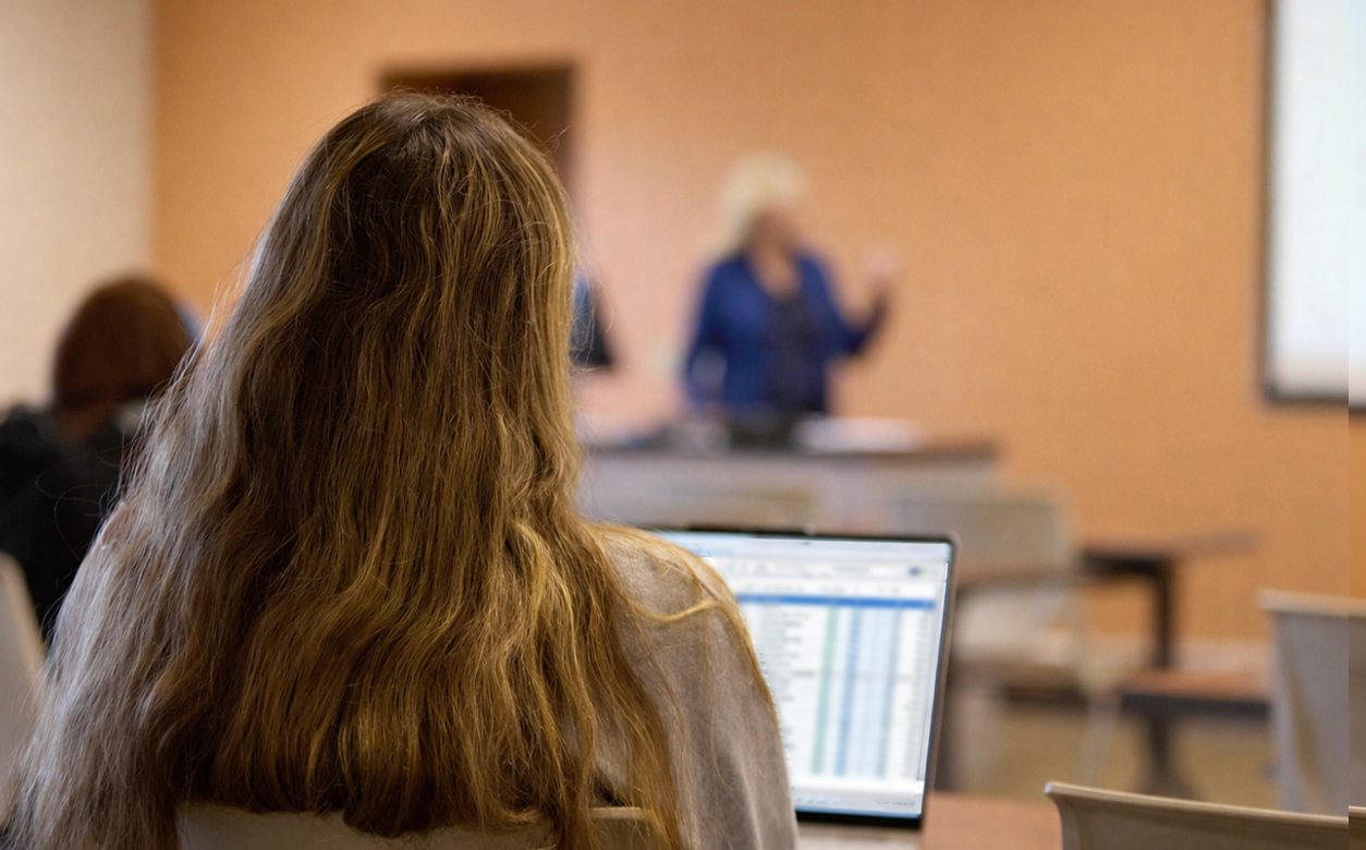 Female student with laptop open on desk and listening to professor in class