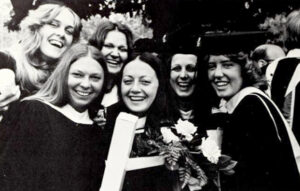 Black and white photo of female graduates