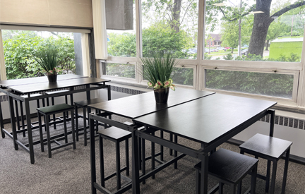 Padua hall common area with two tables near a window with a plant on the table and greenery outside the window