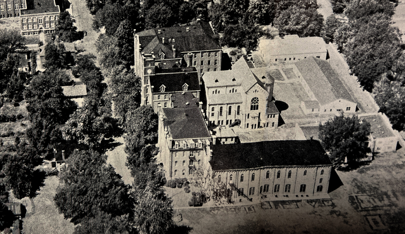Ariel view of Francis Hall in 1949 in black and white